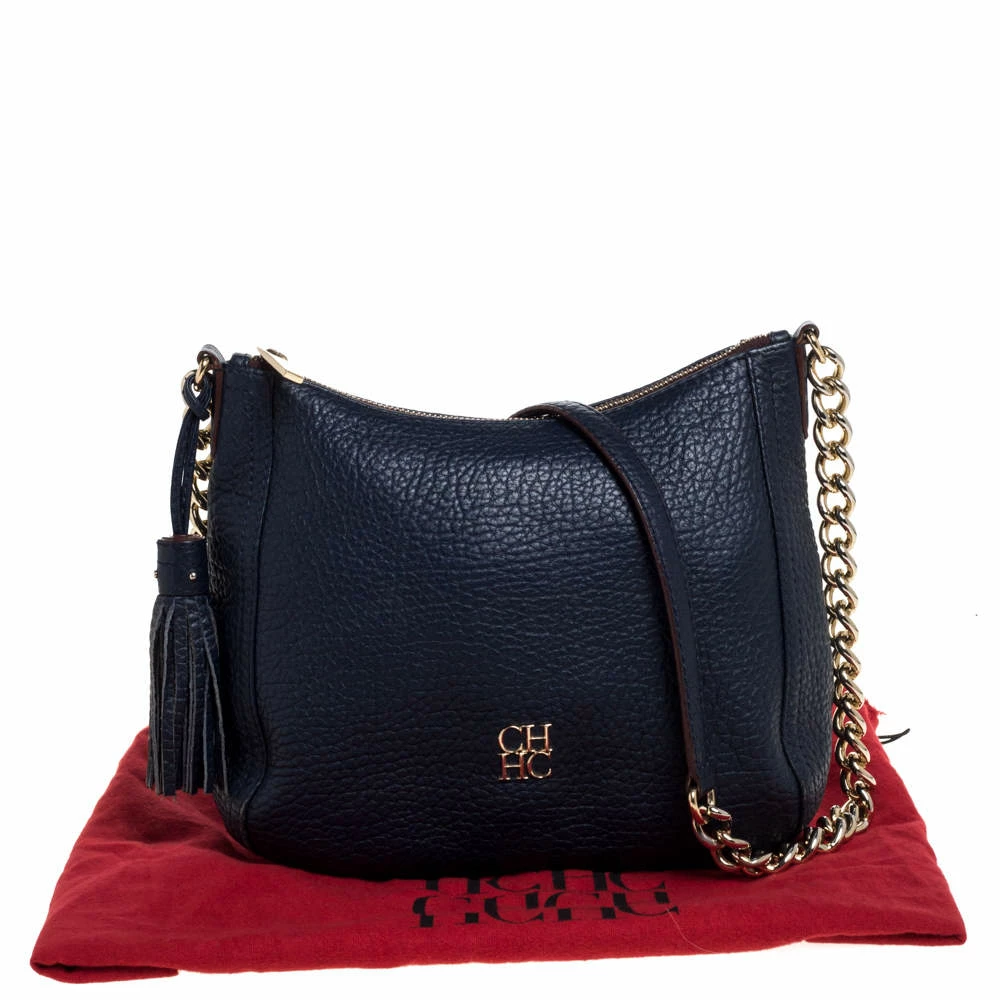 Carolina Herrera Navy Blue Pebbled Leather Maria Shoulder Bag Women