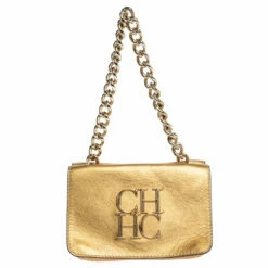 Carolina Herrera Metallic Gold Leather Flap Chain Bag Women