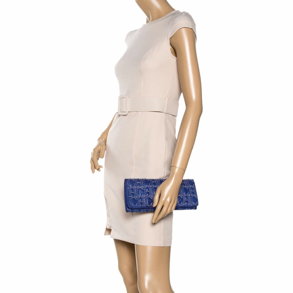 Carolina Herrera Blue Monogram Leather Jerry Clutch Women