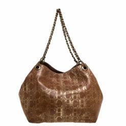 Carolina Herrera Brown/Gold Monogram Leather Chain Tote Women