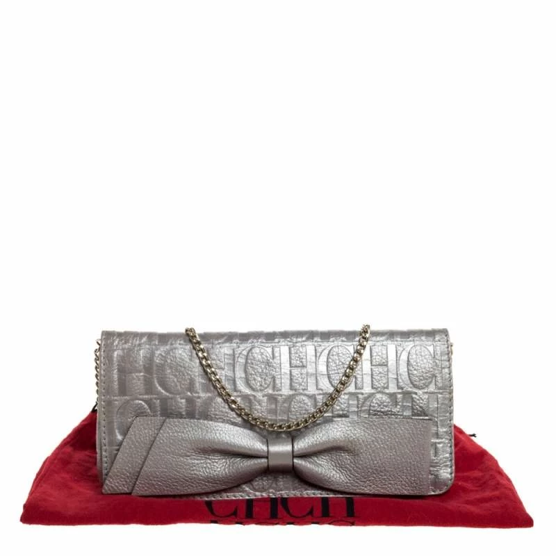 Carolina Herrera Silver Monogram Leather Bow Chain Clutch Women