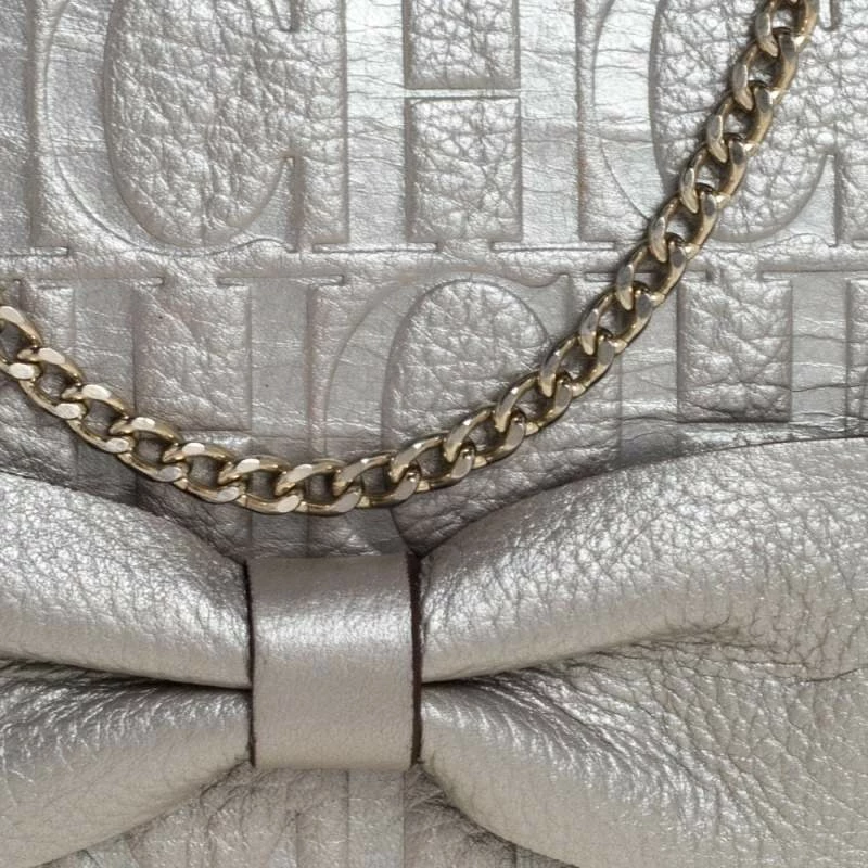Carolina Herrera Silver Monogram Leather Bow Chain Clutch Women