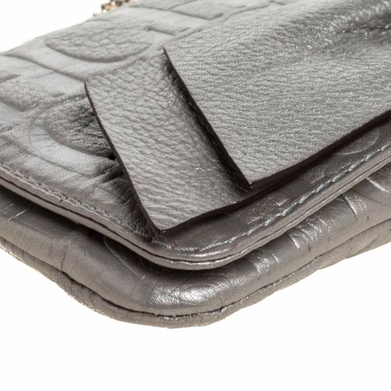 Carolina Herrera Silver Monogram Leather Bow Chain Clutch Women