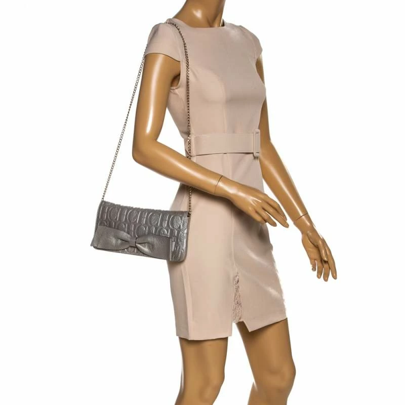 Carolina Herrera Silver Monogram Leather Bow Chain Clutch Women