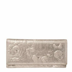 Carolina Herrera Gold Floral Embossed Leather Flap Continental Wallet Women