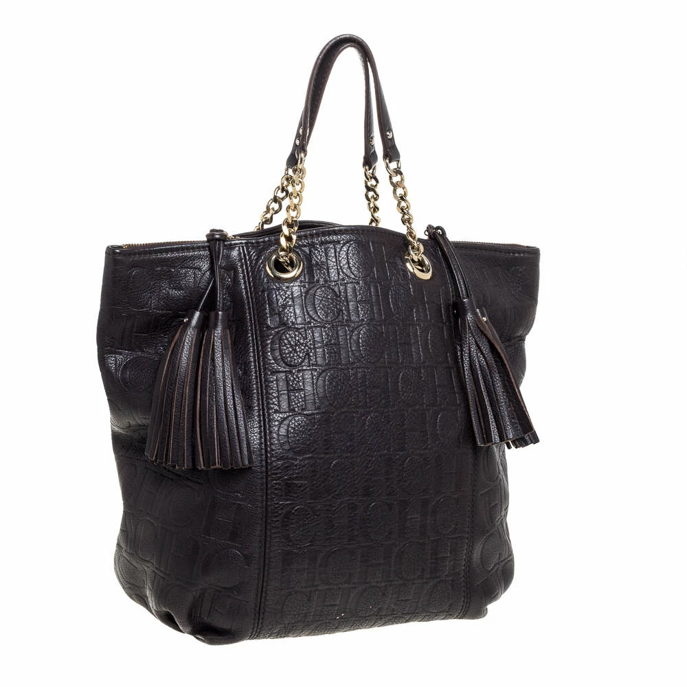 Carolina Herrera Dark Brown Monogram Leather Tassel Tote Women