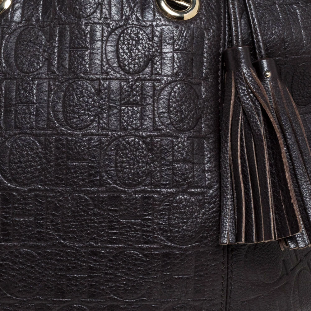 Carolina Herrera Dark Brown Monogram Leather Tassel Tote Women