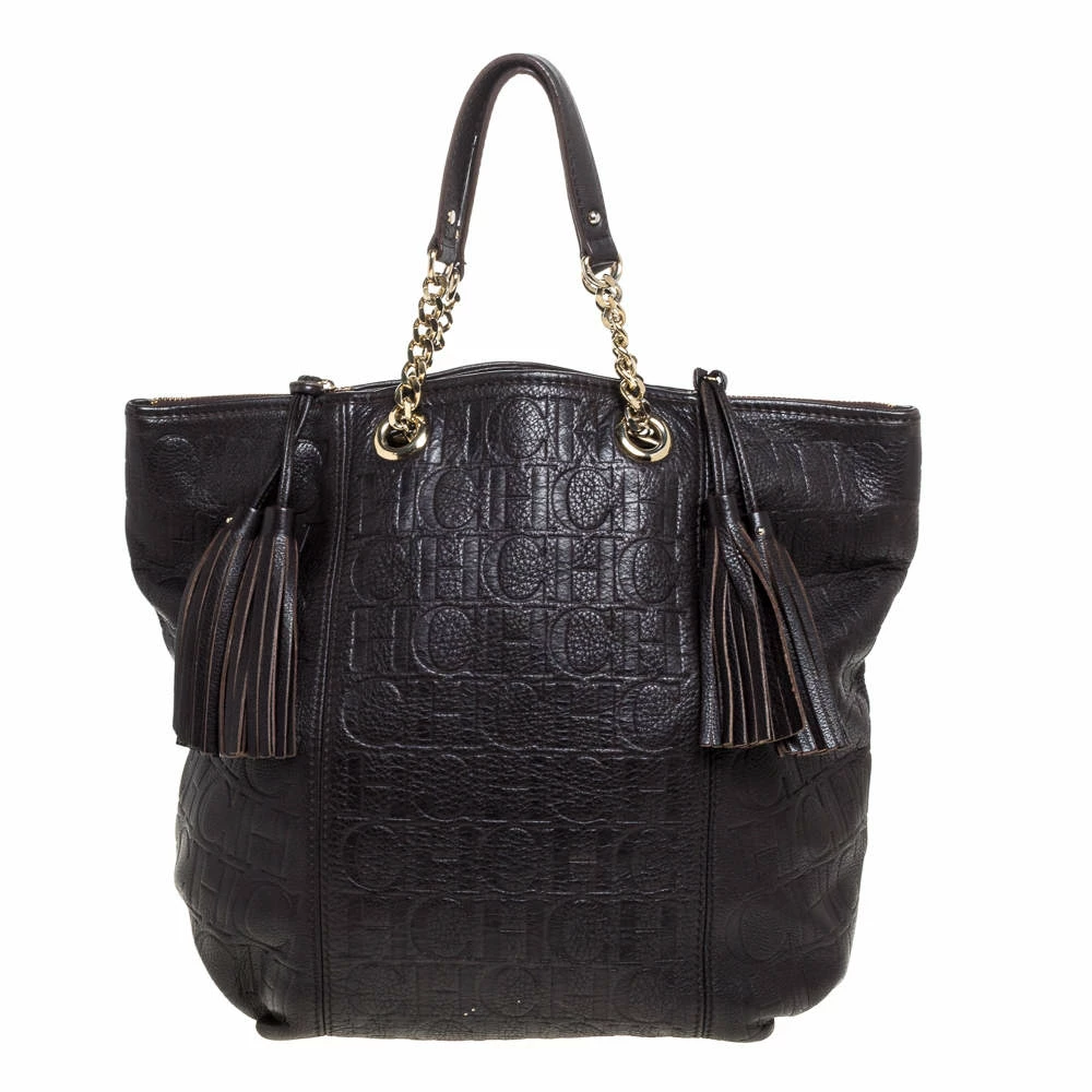 Carolina Herrera Dark Brown Monogram Leather Tassel Tote Women