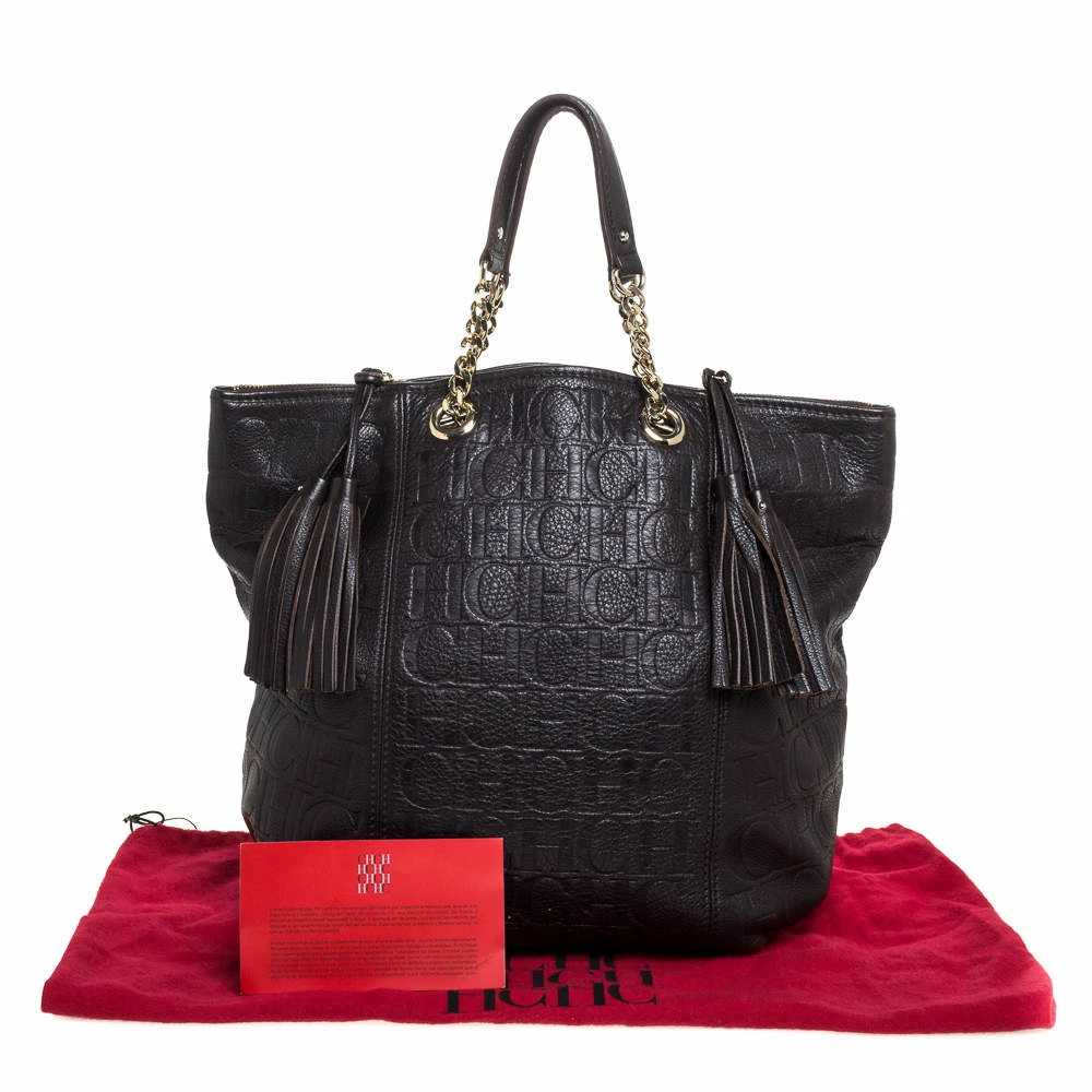 Carolina Herrera Dark Brown Monogram Leather Tassel Tote Women