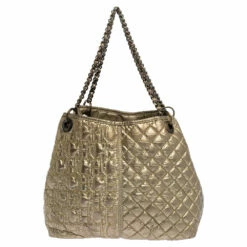 Carolina Herrera Metallic Gold Quilted Signature Leather Chain Tote Women