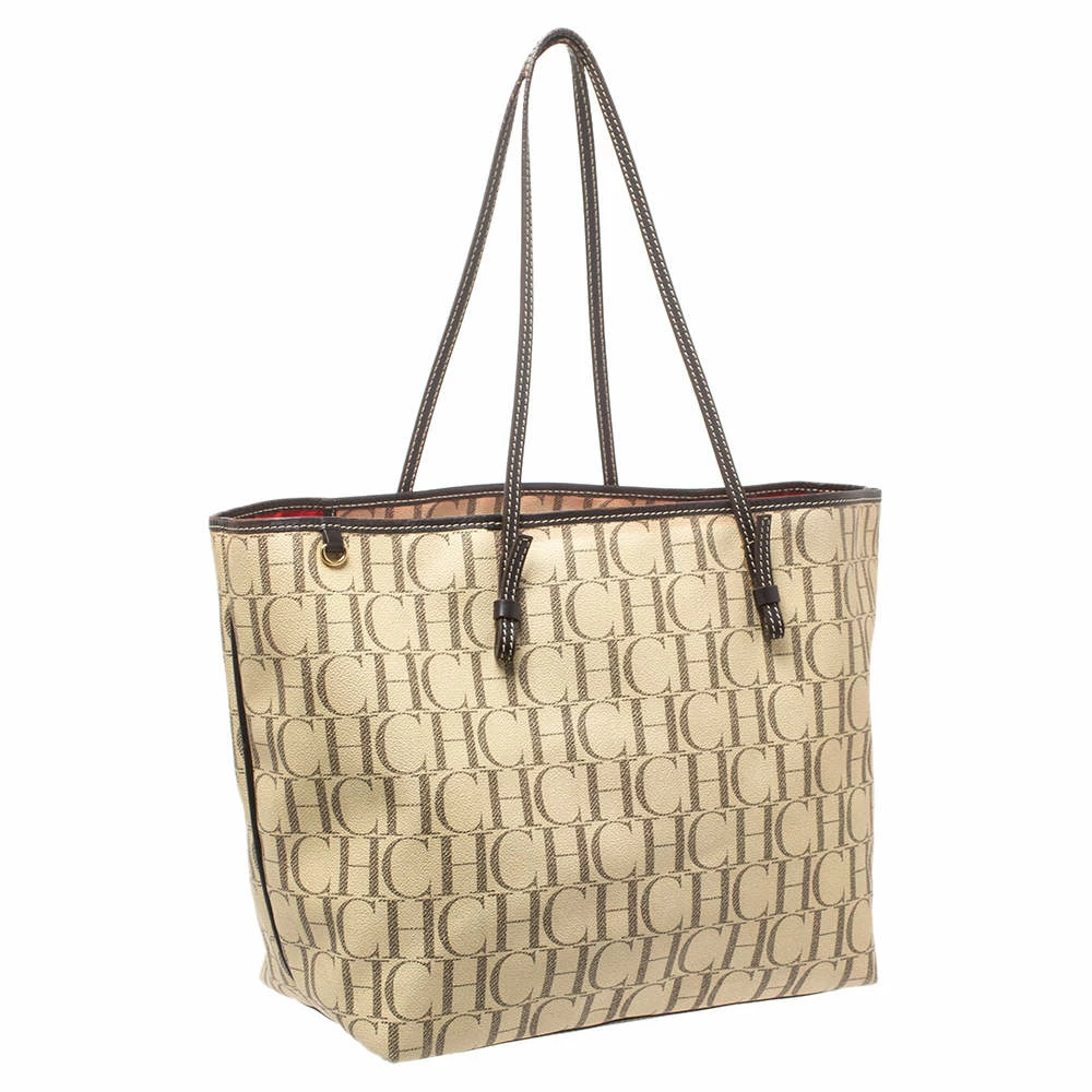 Carolina Herrera Beige/Brown Monogram PVC and Leather Shopper Tote Women