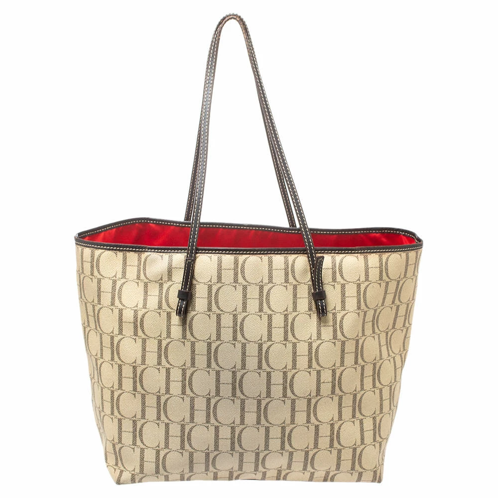 Carolina Herrera Beige/Brown Monogram PVC and Leather Shopper Tote Women