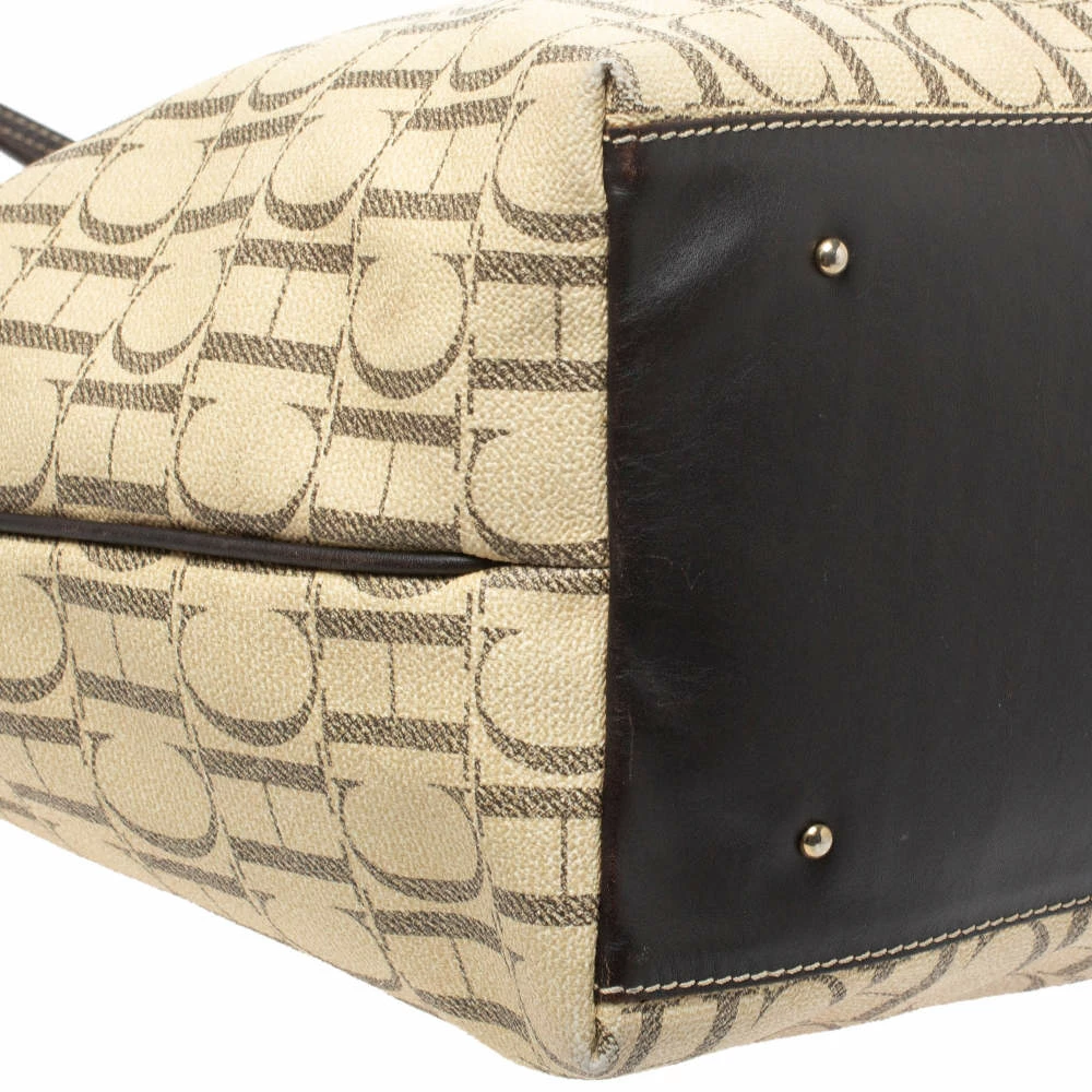Carolina Herrera Beige/Brown Monogram PVC and Leather Shopper Tote Women