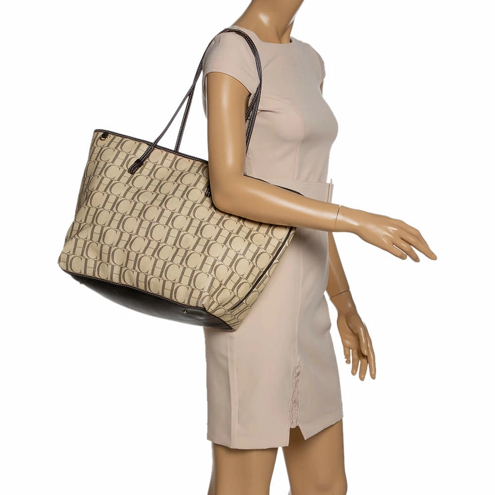 Carolina Herrera Beige/Brown Monogram PVC and Leather Shopper Tote Women