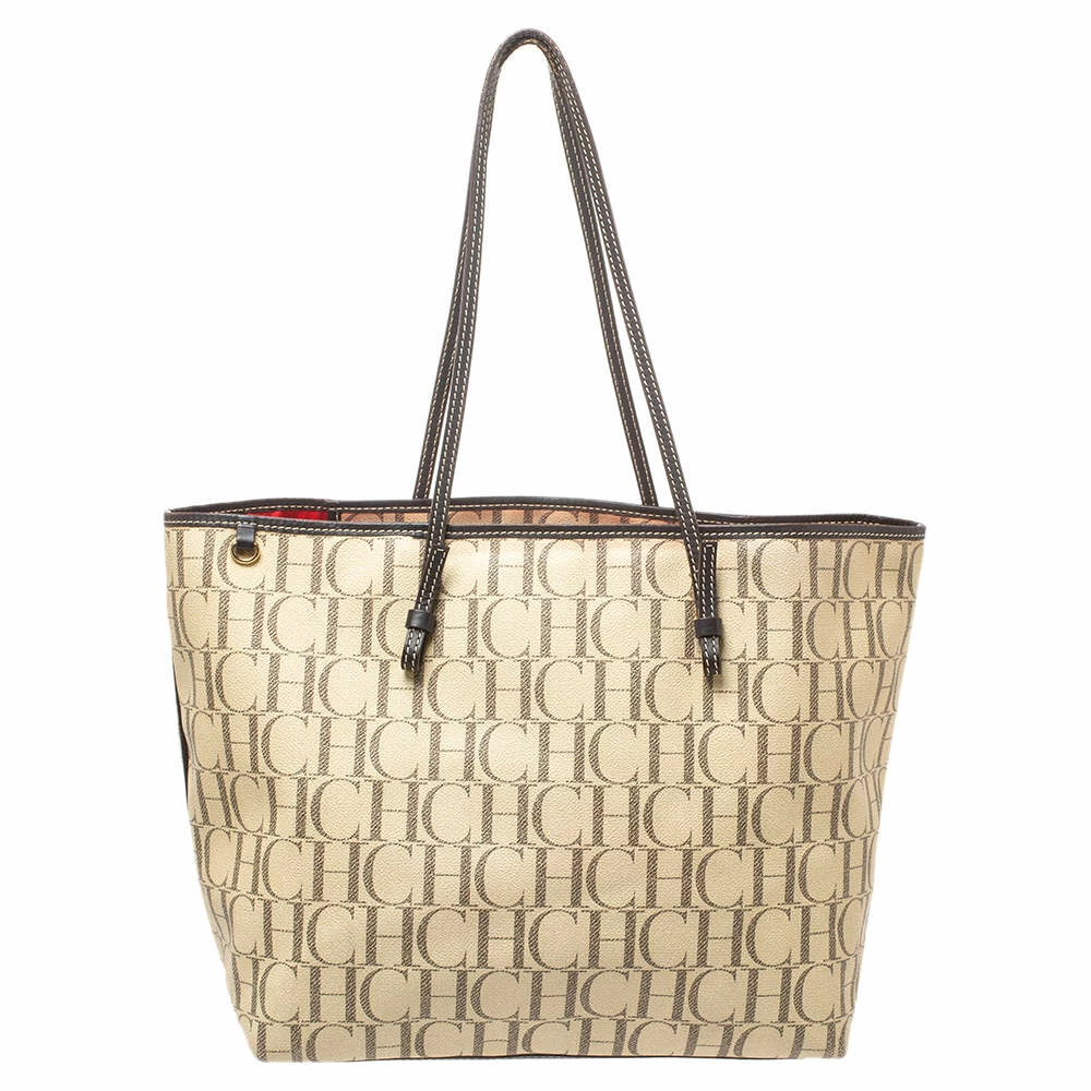 Carolina Herrera Beige/Brown Monogram PVC and Leather Shopper Tote Women