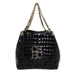 Carolina Herrera Black Croc Embossed Patent Leather Tote Women