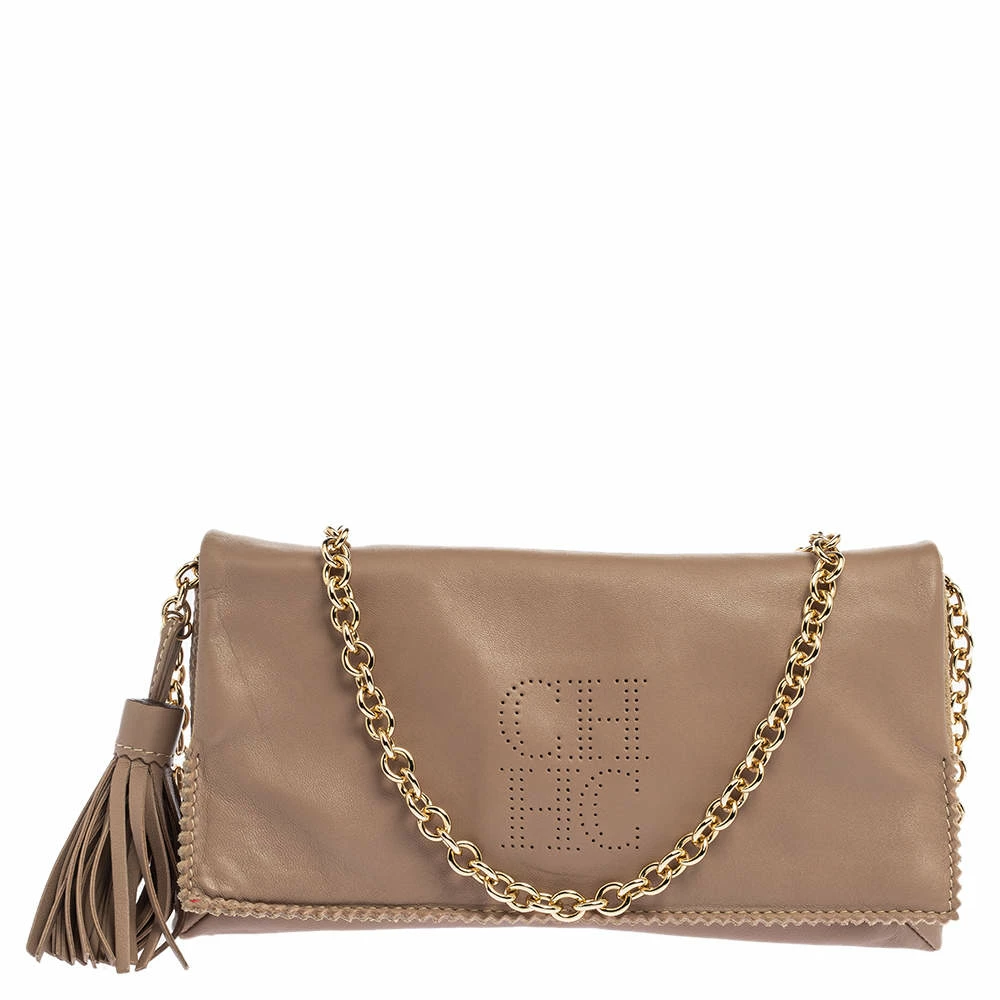 Carolina Herrera Beige Leather Flap Crossbody Bag Women