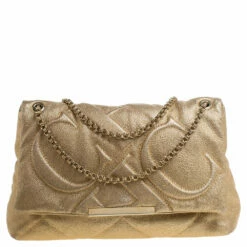 Carolina Herrera Gold Embossed Leather Metal Flap Shoulder Bag Women