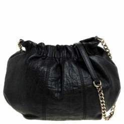 Carolina Herrera Black Monogram Embossed Leather Small Chain Hobo Women