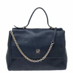 Carolina Herrera Navy Blue Leather Minuetto Flap Top Handle Bag Women