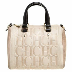 Carolina Herrera Beige/Brown Monogram Leather Mini Andy Boston Bag Women