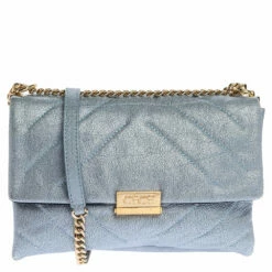 Carolina Herrera Metallic Blue Leather Flap Shoulder Bag Women