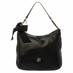 Carolina Herrera Black Leather Bow Zip Hobo Women