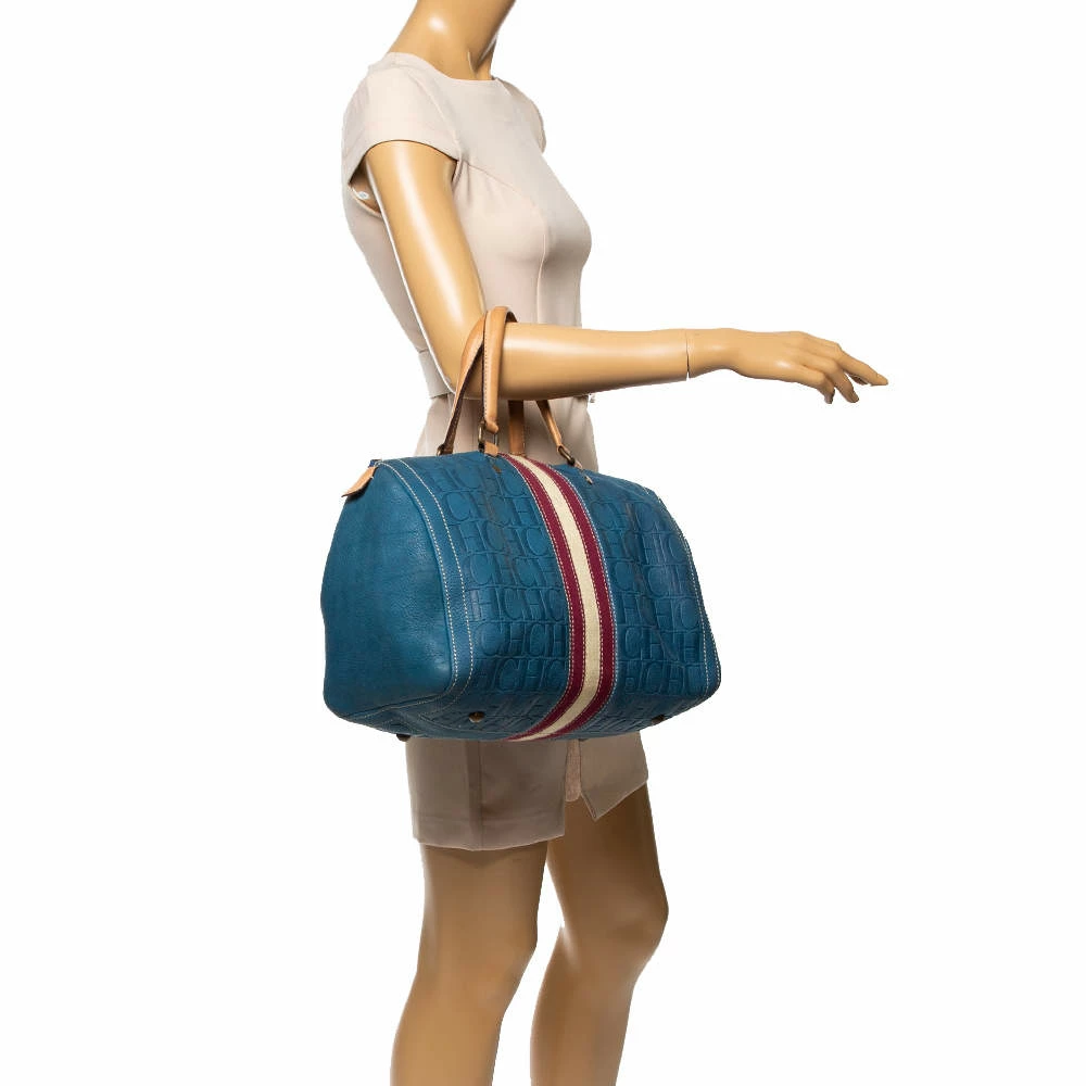 Carolina Herrera Blue Monogram Leather Large Andy Boston Bag Women