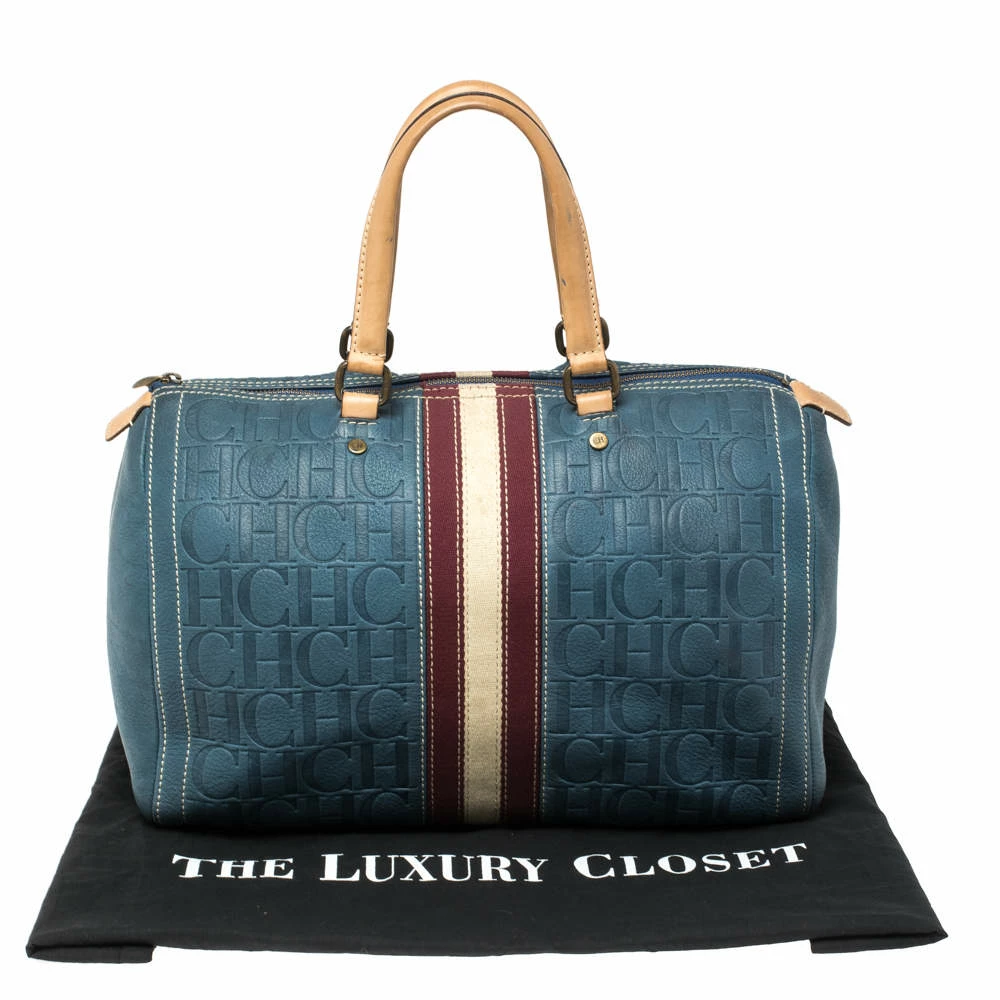 Carolina Herrera Blue Monogram Leather Large Andy Boston Bag Women