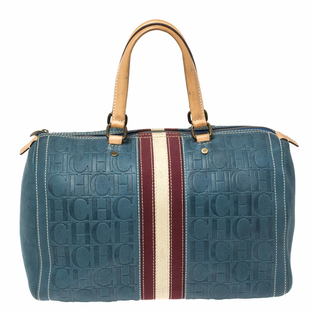 Carolina Herrera Blue Monogram Leather Large Andy Boston Bag Women