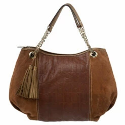 Carolina Herrera Brown Monogram Suede And Leather Chain Hobo Women