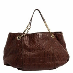 Carolina Herrera Brown Monogram Leather Chain Hobo Women