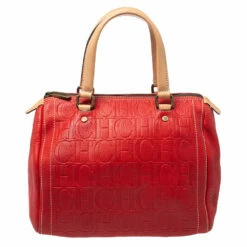 Carolina Herrera Red/Beige Monogram Embossed Leather Andy Satchel Women