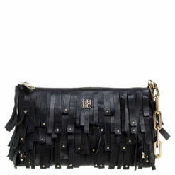 Carolina Herrera Carolina Hererra Black Leather Fringe Wristlet Clutch Women