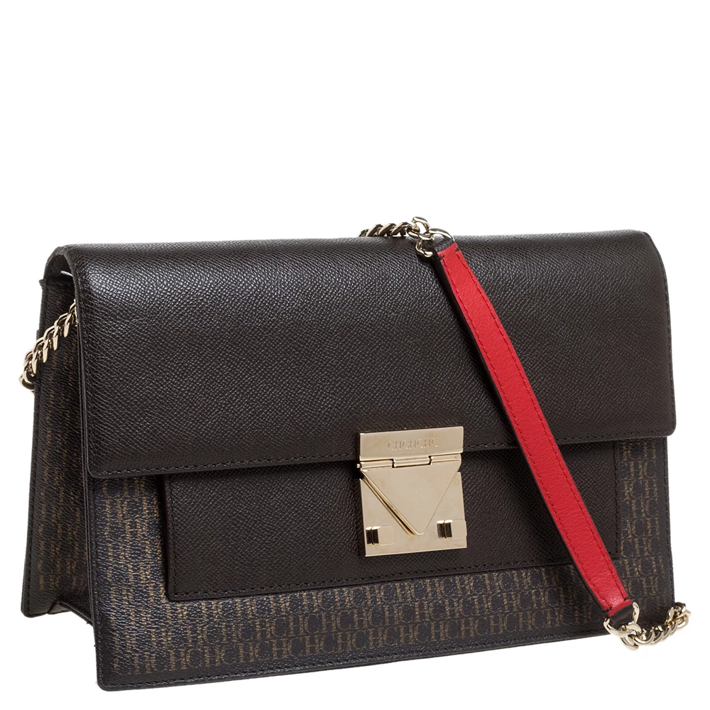 Carolina Herrera Dark Brown Signature Coated Canvas and Leather Carry on Bag Women