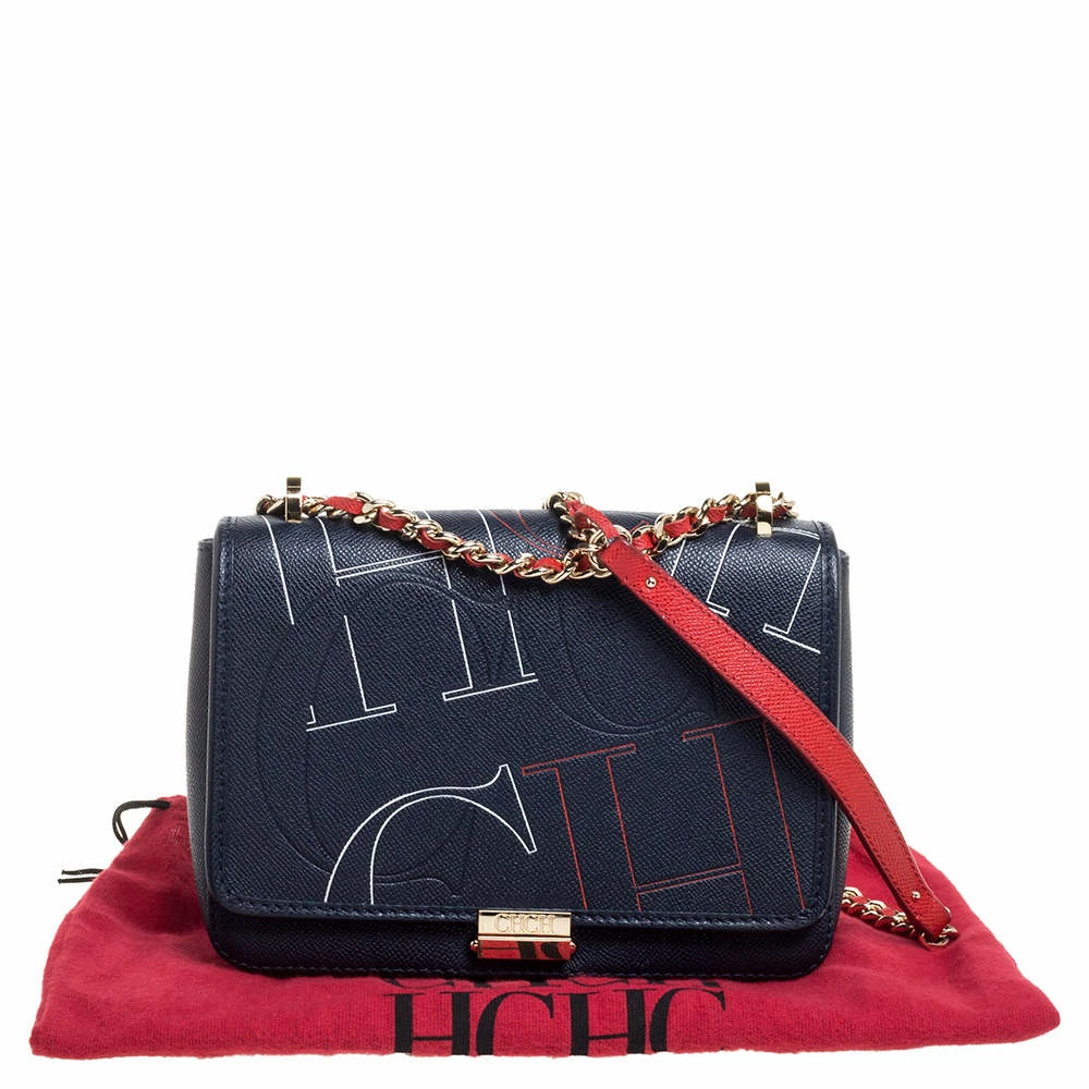 Carolina Herrera Navy Blue Leather Flap Shoulder Bag Women