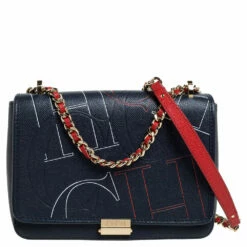 Carolina Herrera Navy Blue Leather Flap Shoulder Bag Women