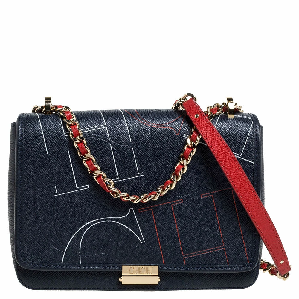 Carolina Herrera Navy Blue Leather Flap Shoulder Bag Women