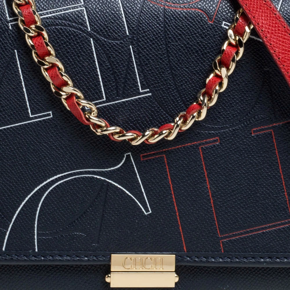 Carolina Herrera Navy Blue Leather Flap Shoulder Bag Women