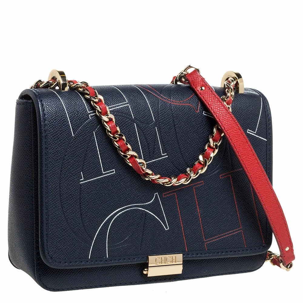 Carolina Herrera Navy Blue Leather Flap Shoulder Bag Women