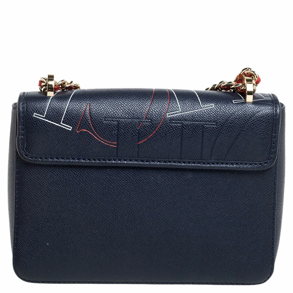 Carolina Herrera Navy Blue Leather Flap Shoulder Bag Women