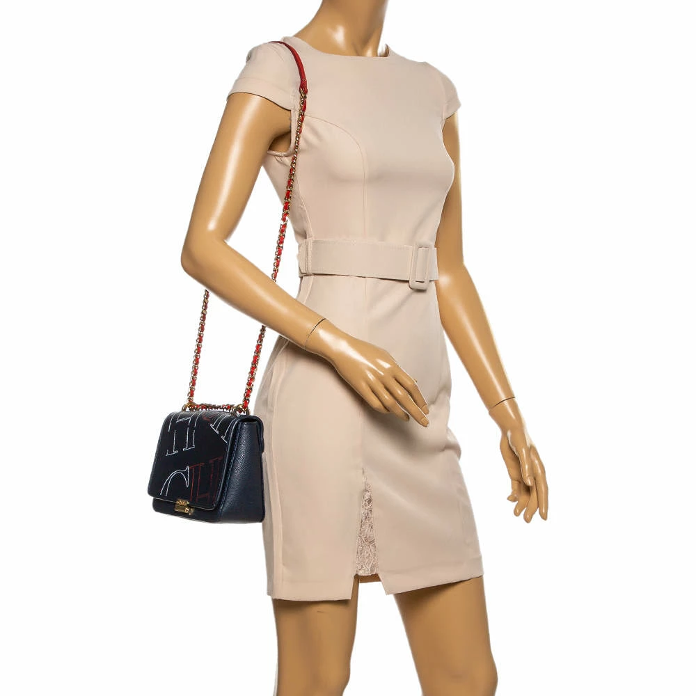 Carolina Herrera Navy Blue Leather Flap Shoulder Bag Women