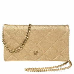 Carolina Herrera Gold Quilted Embossed Leather Flap Chain Clutch Women