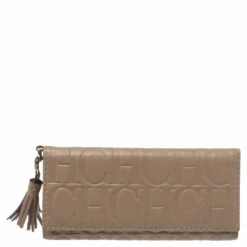 Carolina Herrera Beige Leather Tassel Continental Trifold Wallet Women