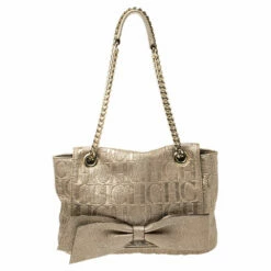 Carolina Herrera Light Gold Monogram Leather Audrey Shoulder Bag Women