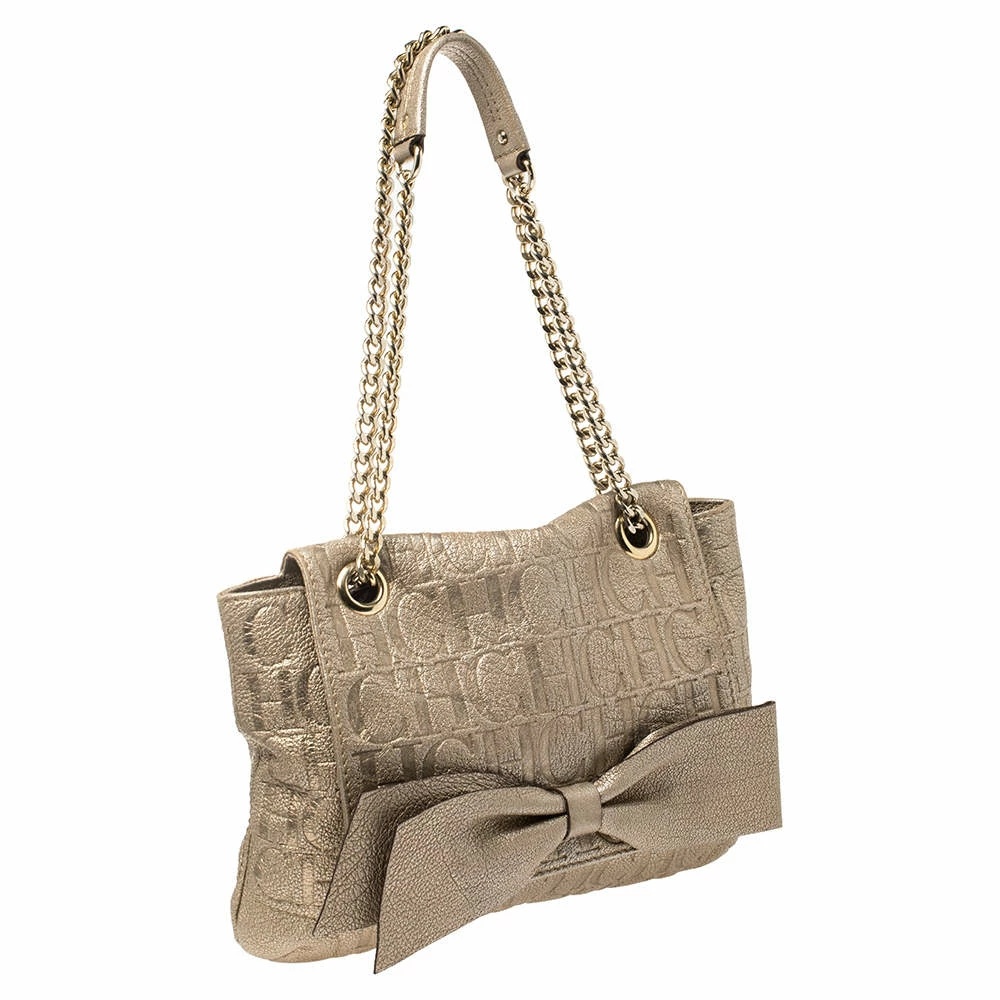 Carolina Herrera Light Gold Monogram Leather Audrey Shoulder Bag Women