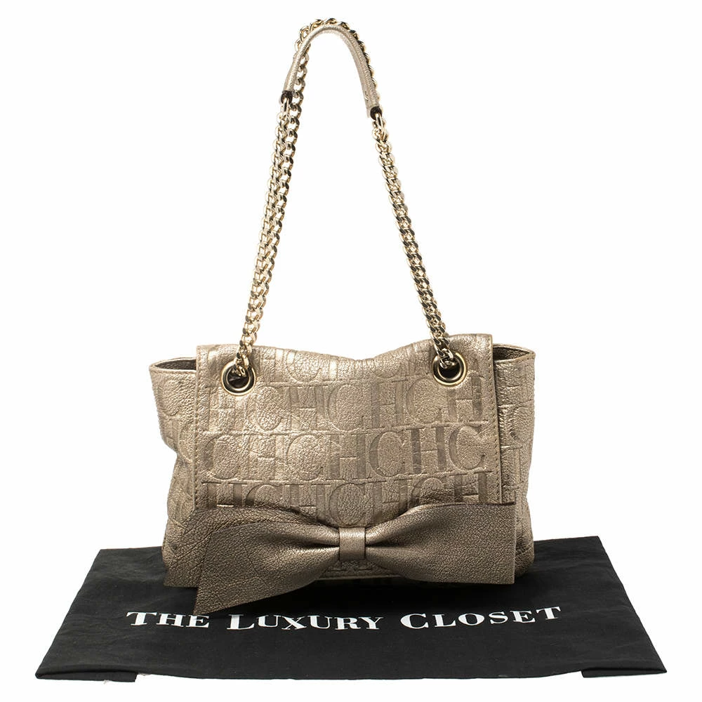 Carolina Herrera Light Gold Monogram Leather Audrey Shoulder Bag Women