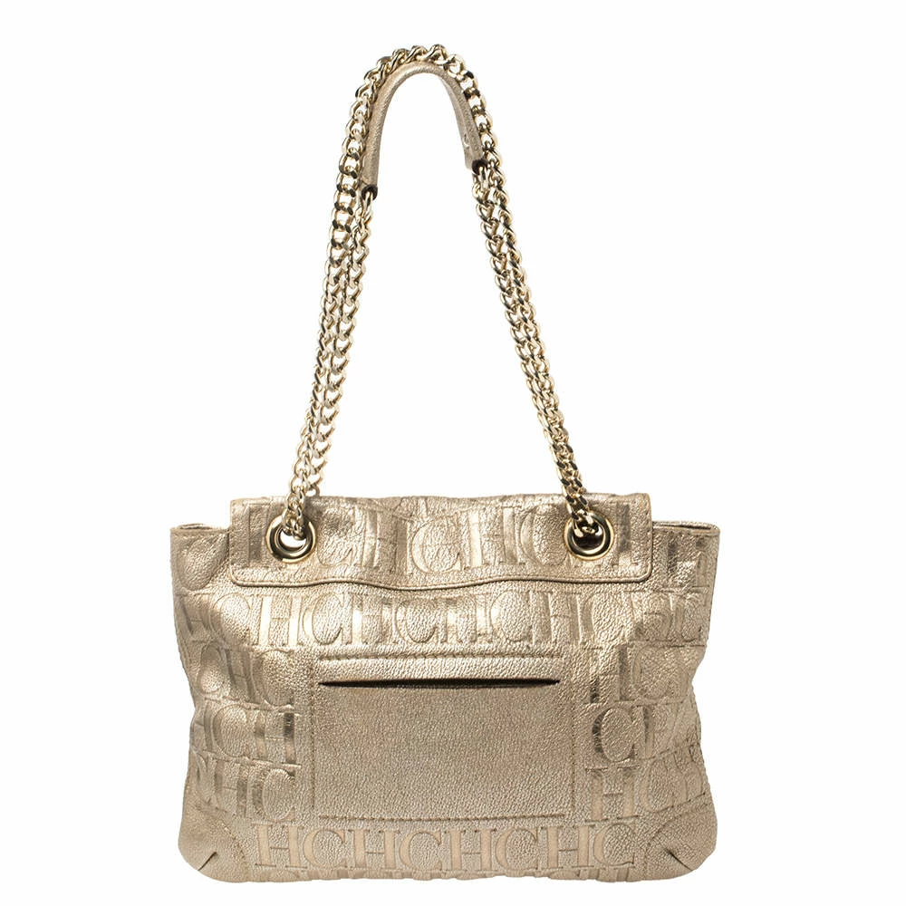 Carolina Herrera Light Gold Monogram Leather Audrey Shoulder Bag Women