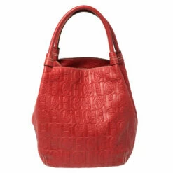 Carolina Herrera Red Monogram Leather Hobo Women