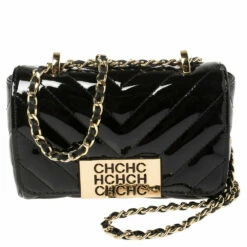 Carolina Herrera Black Chevron Quilt Patent Leather Mini Bimba Chain Bag Women